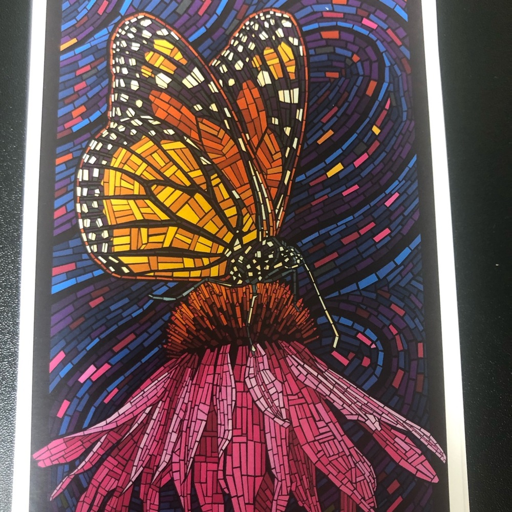 Lantern Press, Monarch Butterfly with Pink Flower, Paper Mosaic, Postcard